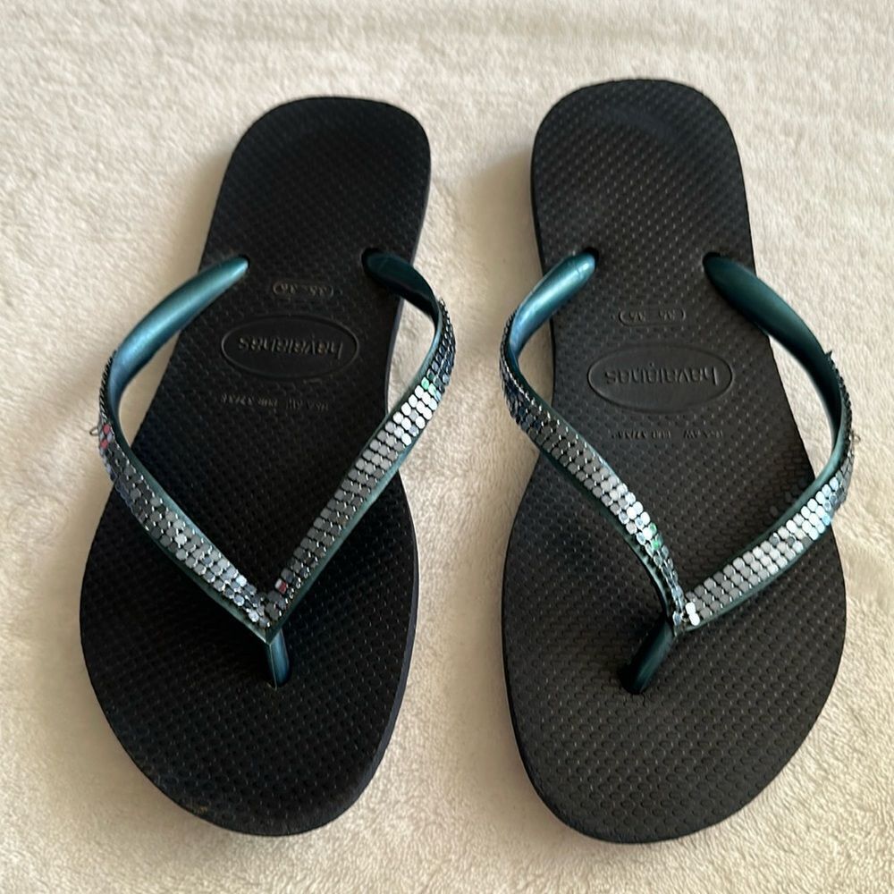 Havaianas Slim Crystal Flip Flops Blue Gray Metallic Size 6